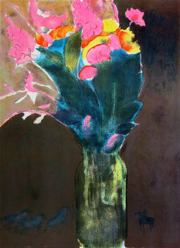 奥谷博「アーティチョクと赤ピーマン」油彩画 1989年 日動画廊シール付き ギアマン作品